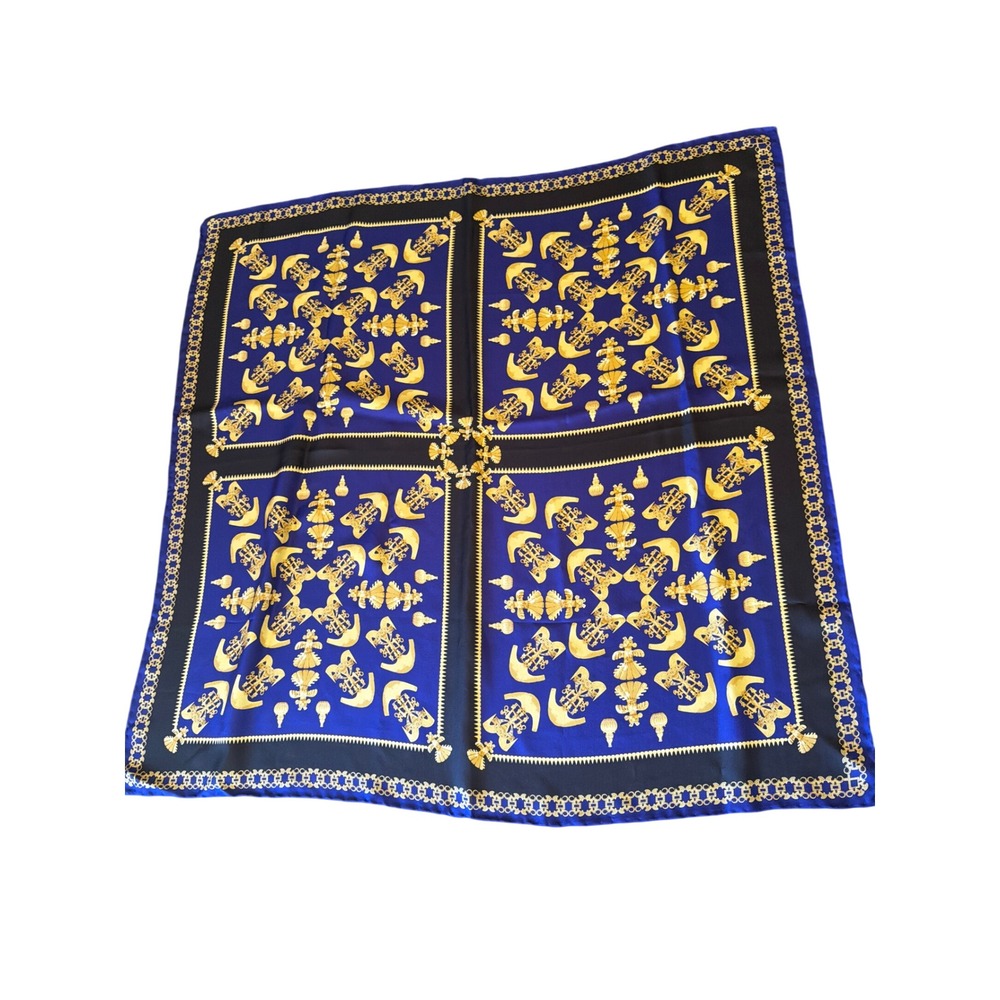 The British Museum‎ Scarf Blue Gold Silk Artifact Print Square Hand Rolled Edge